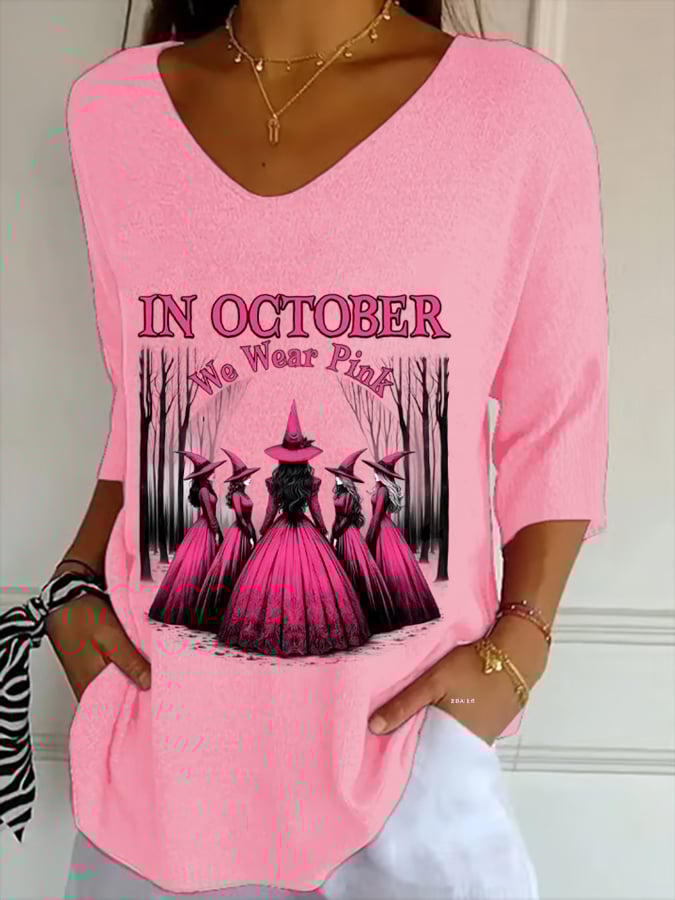 Retro October We Wear Pink Witch Breast Cancer Awareness Printed T-Shirt