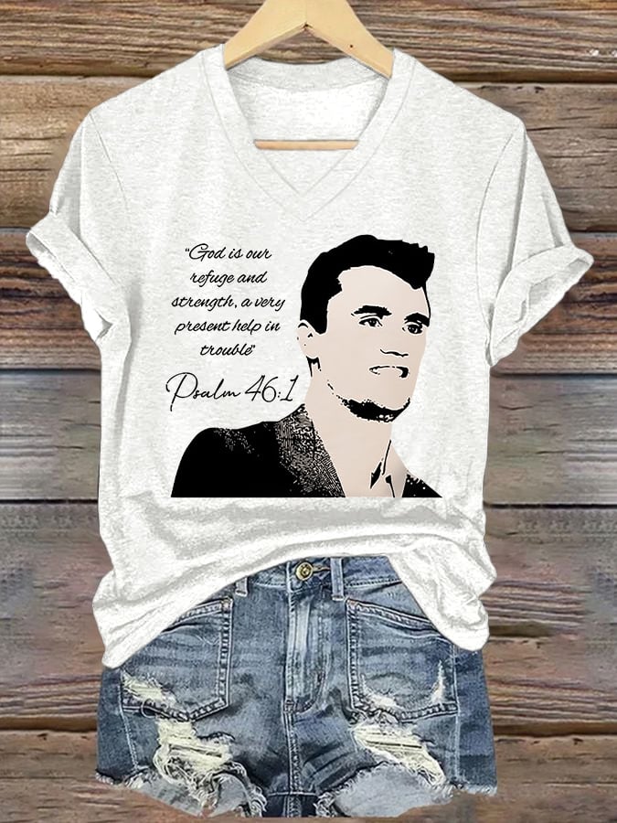 V-Neck Retro God Is Our Refuge And Strength, A Very Present Help In Trouble Psalm 46:1 Print T-Shirt