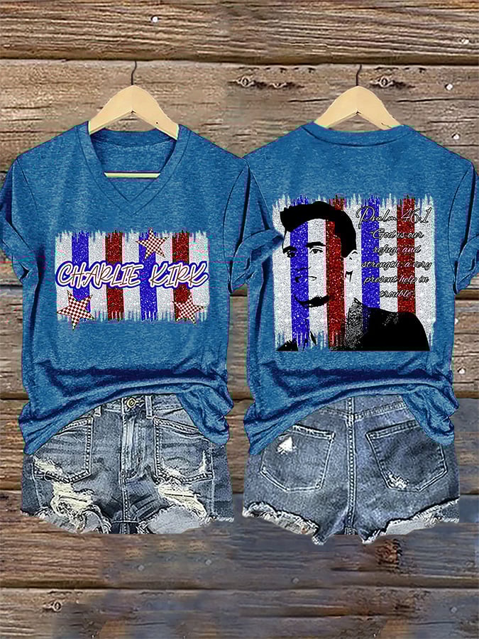 V-Neck Retro God Is Our Refuge And Strength, A Very Present Help In Trouble Print T-Shirt