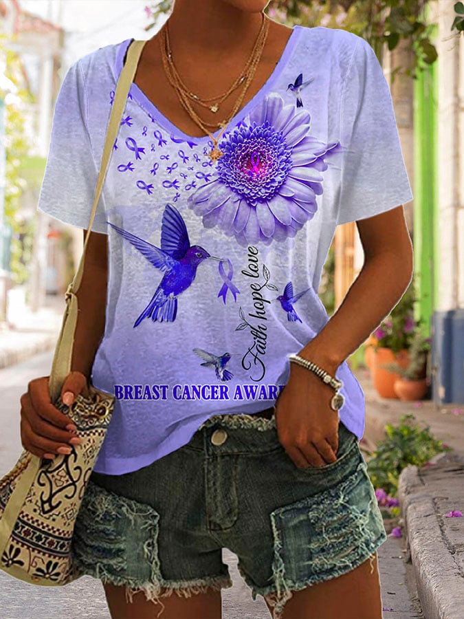 Faith Hope Love Breast Cancer Awareness Print T-Shirt