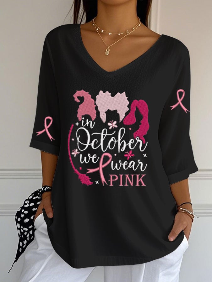 Women's Breast Cancer Witch Print Casual V-Neck Top
