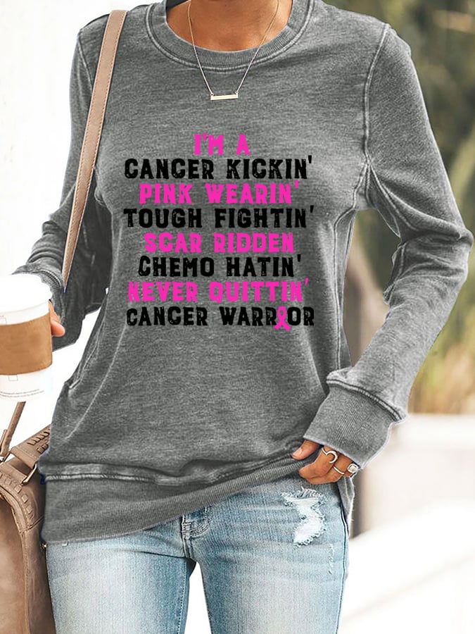 Breast Cancer Awareness Cancer Kickin' Chemo Hatin' Warrior Print Sweatshirt