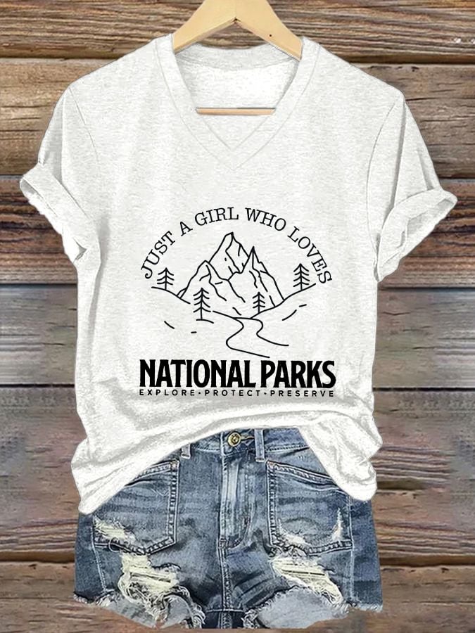 Women's Just A Girl Who Loves National Parks Printed V-Neck T-Shirt