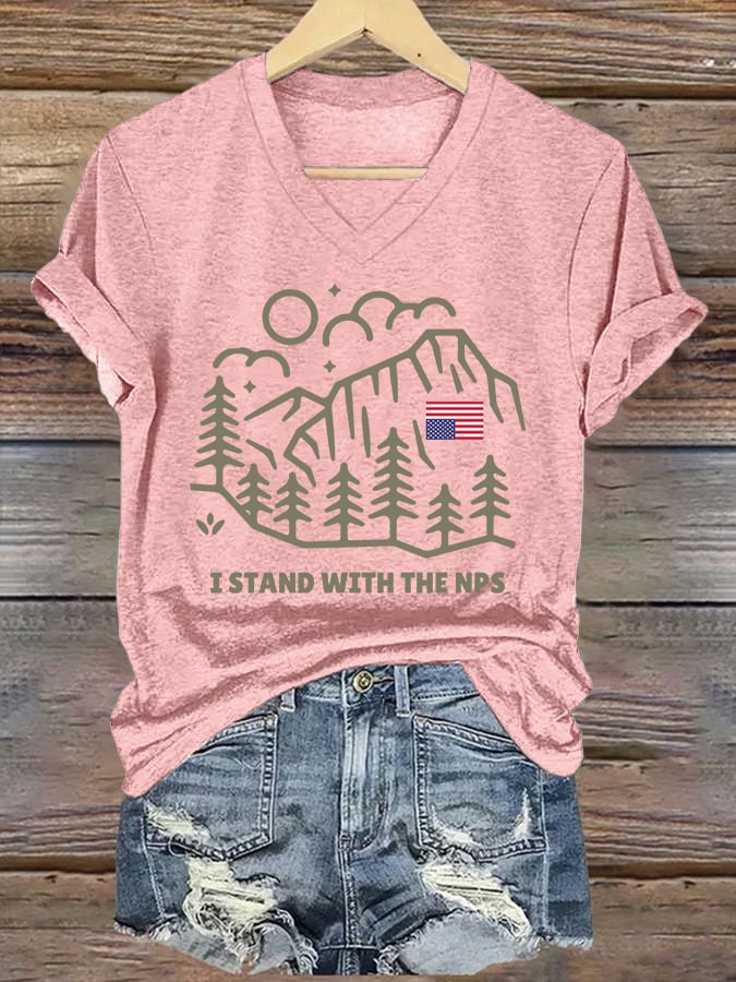 V-neck Retro I Stand With The NPS National Park Support Print T-Shirt