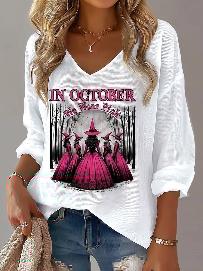 Women's Casual Pink Witch October We Wear Pink Waffle Long Sleeve T-shirt