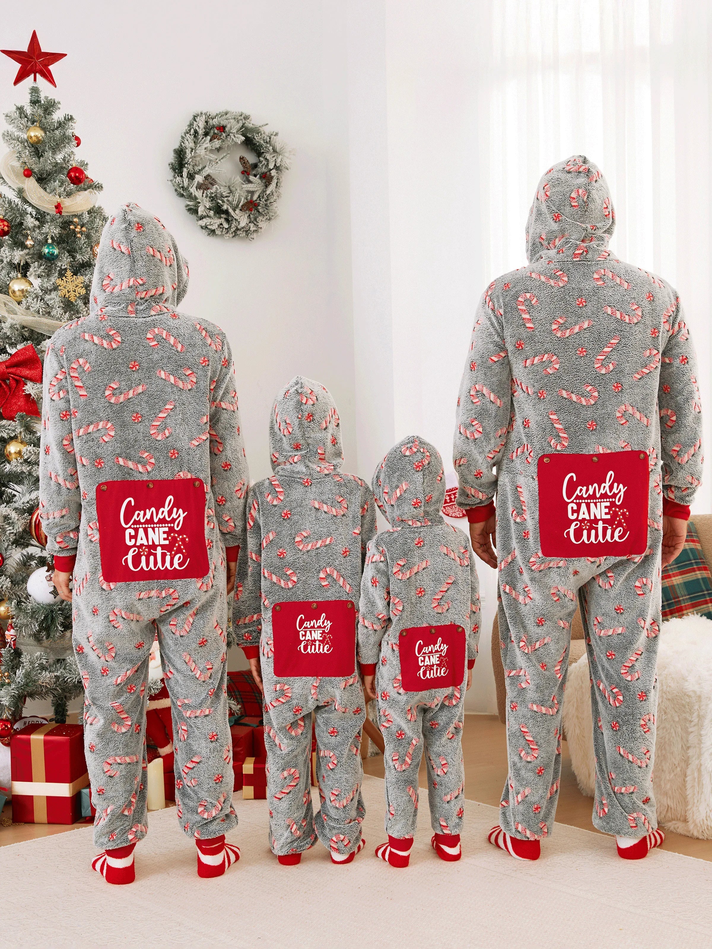 Onesies Pajamas Matching Christmas Outfits Candy Cane Pattern (Glow in the Dark) with Christmas Socks Black