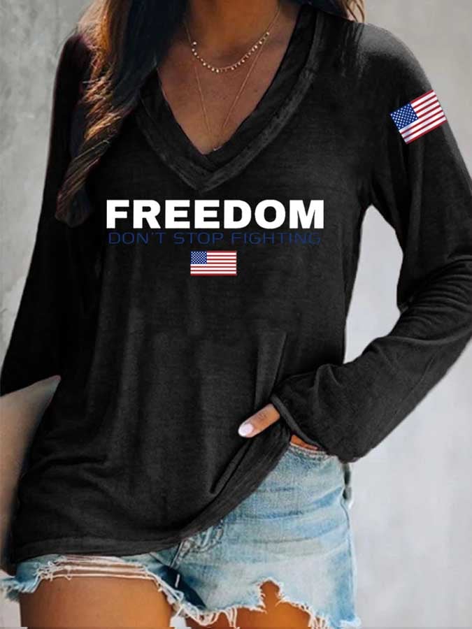 Women's Freedom American Flag Print Casual T-Shirt