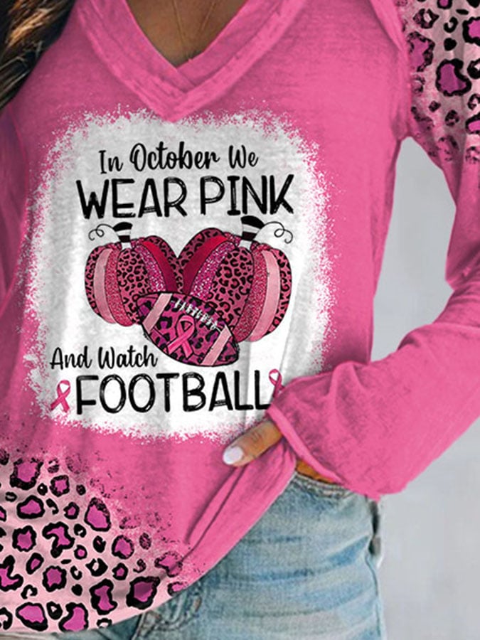 Leopard In October We Wear Pink And Watch Football Print Long Sleeve T-Shirt