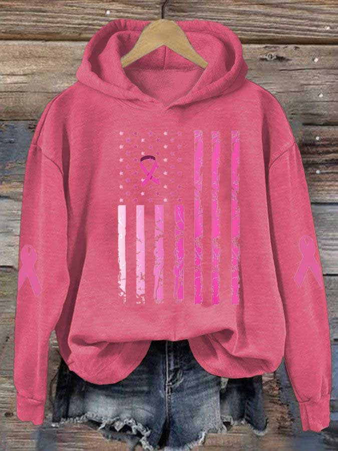 Women's Breast Cancer Awareness Flag Print Hoodie