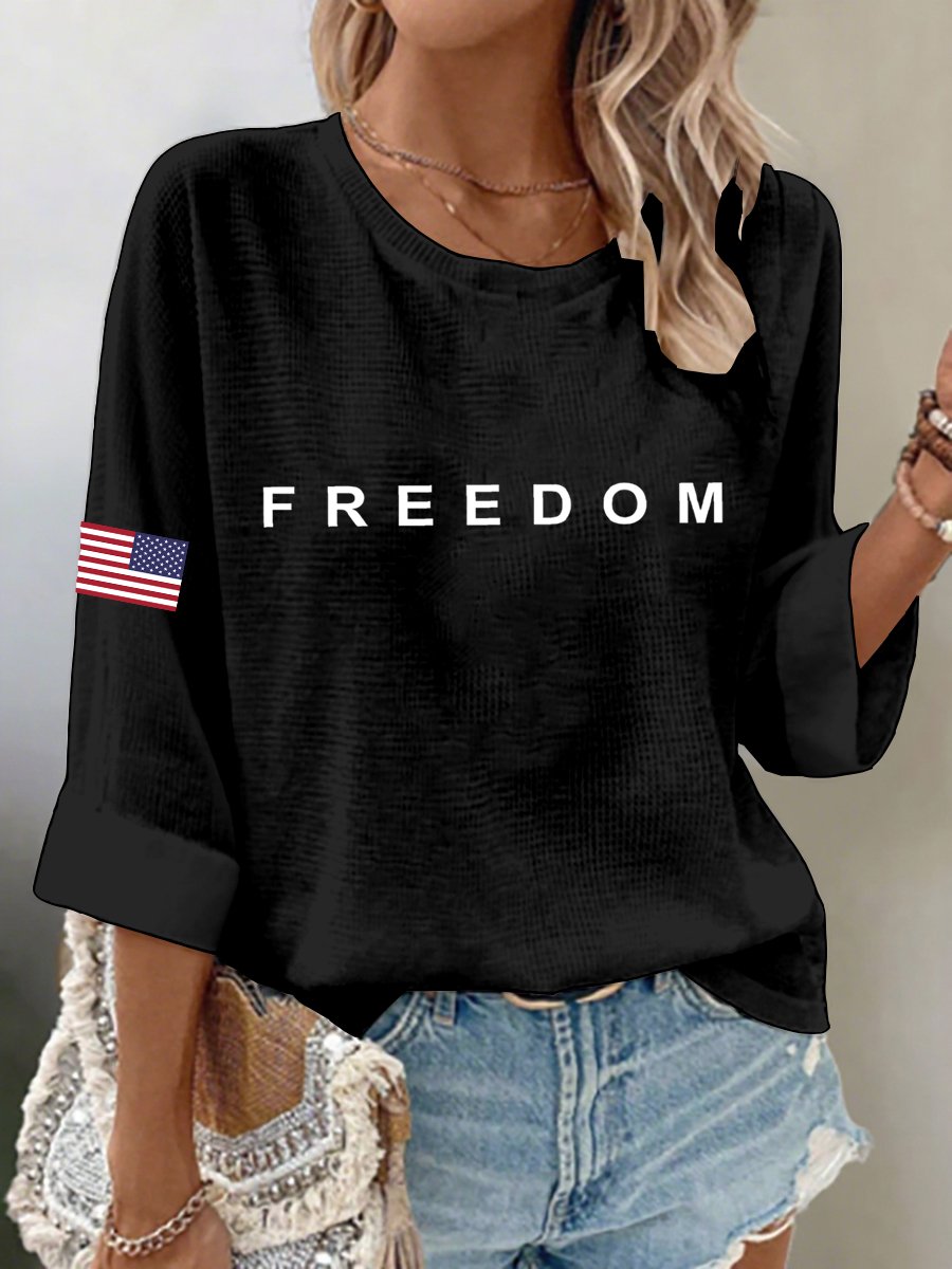 Women's Freedom American Flag Print Waffle Long Sleeve T-Shirt
