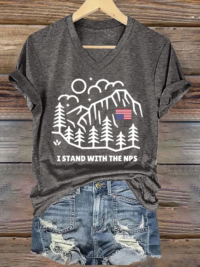 V-neck Retro I Stand With The NPS National Park Support Print T-Shirt