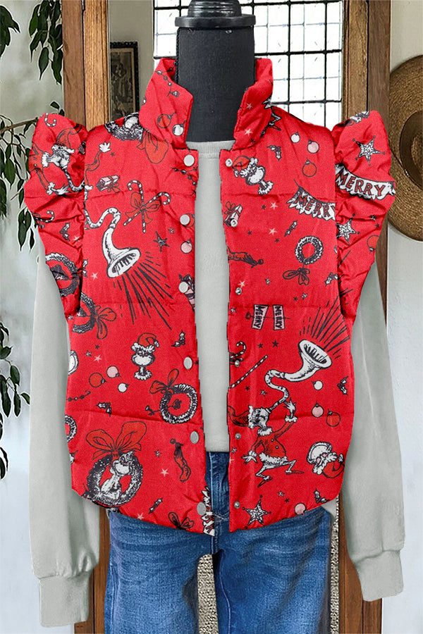 Cute Christmas Grinch Print Ruffle Vest