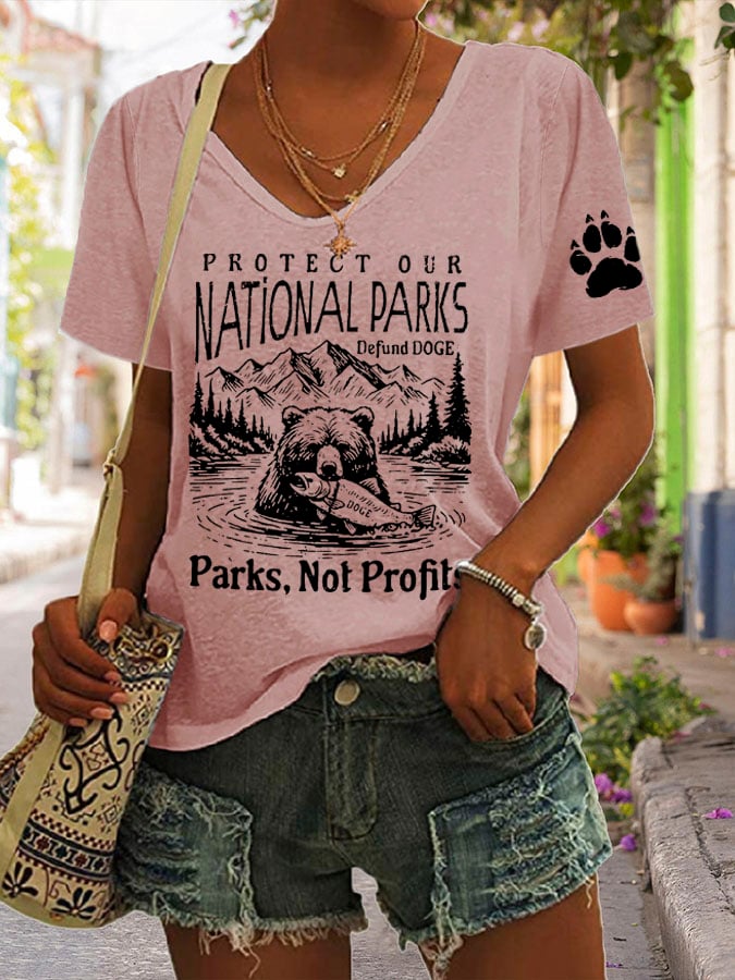 Women's Protect Our National Parks Print V Neck Casual T-Shirt