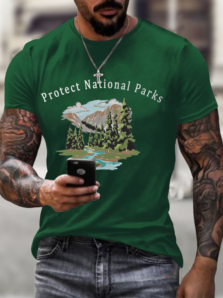 Men'S Retro Protect Our National Parks Printed Casual Crew Neck T-Shirt
