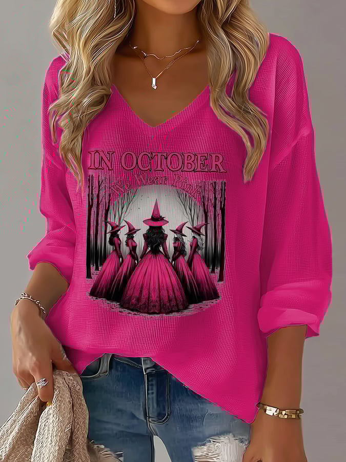 Women's Casual Pink Witch October We Wear Pink Waffle Long Sleeve T-shirt