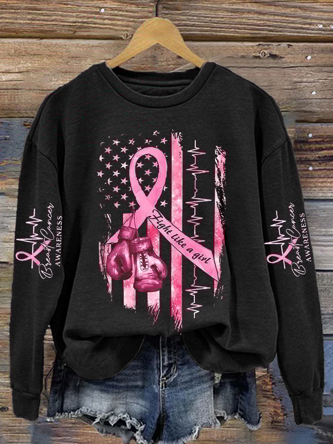 Women's Casual Breast Cancer Awareness Print Long Sleeve Sweatshirt