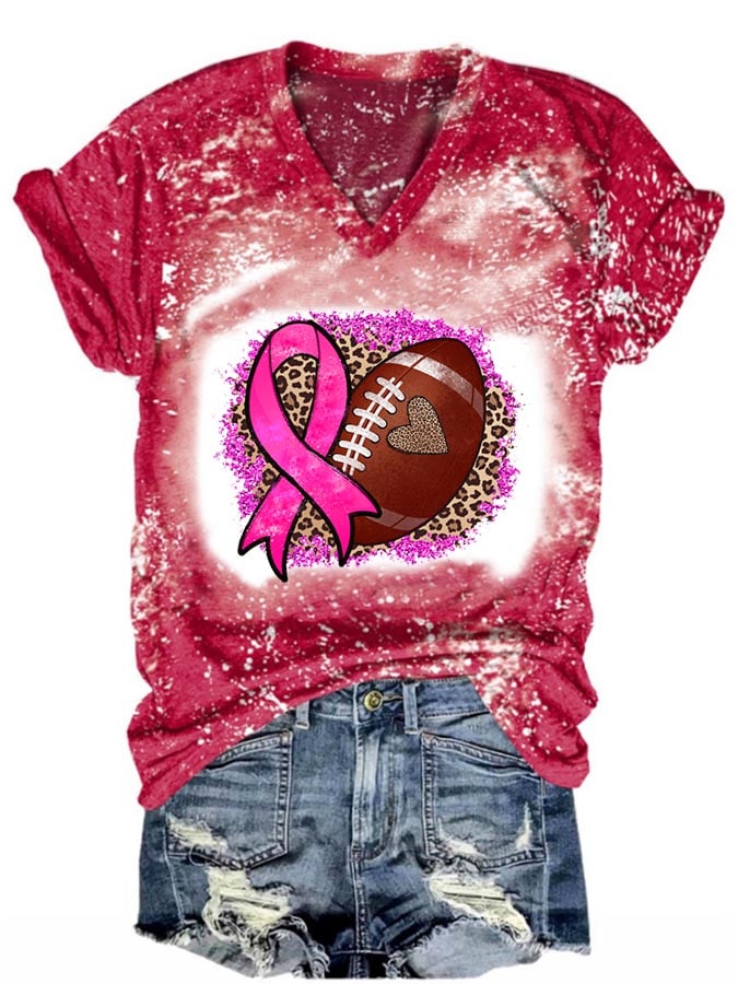 Football Leopard Breast Cancer Awareness Print Casual T-Shirt