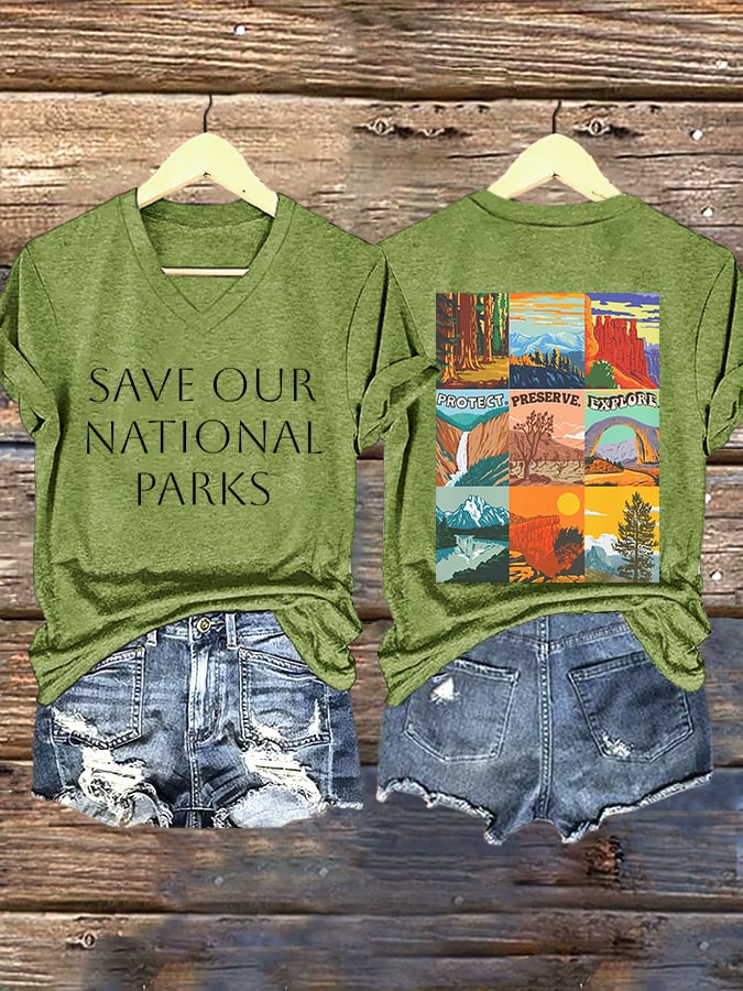 V-neck Retro Save Our National Parks Protect, Preserve, Explore Print T-Shirt