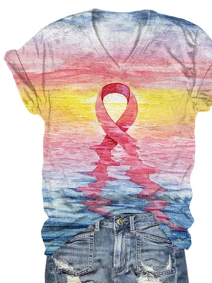 Women's Casual Pink Ribbon Breast Cancer Art Print Short Sleeve T-Shirt