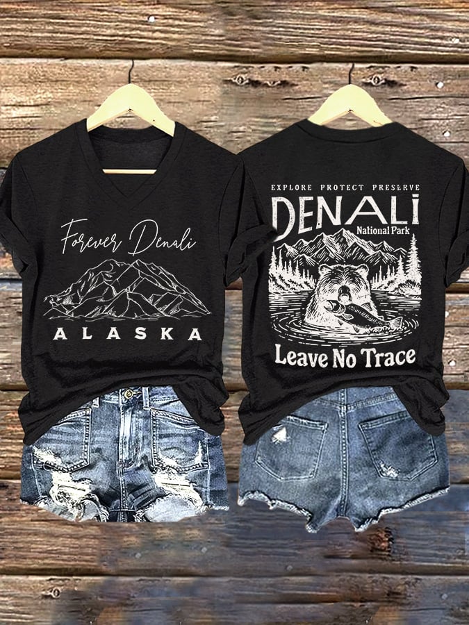 V-neck Retro Explore Protect Preserve Denali National Park Leave No Trace Forever Denali Alaska Print T-Shirt