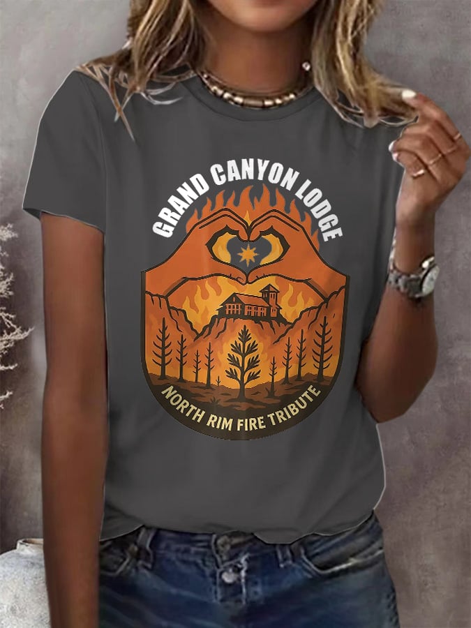 Retro Grand Canyon Lodge North Rim Fire Tribute Print T-Shirt