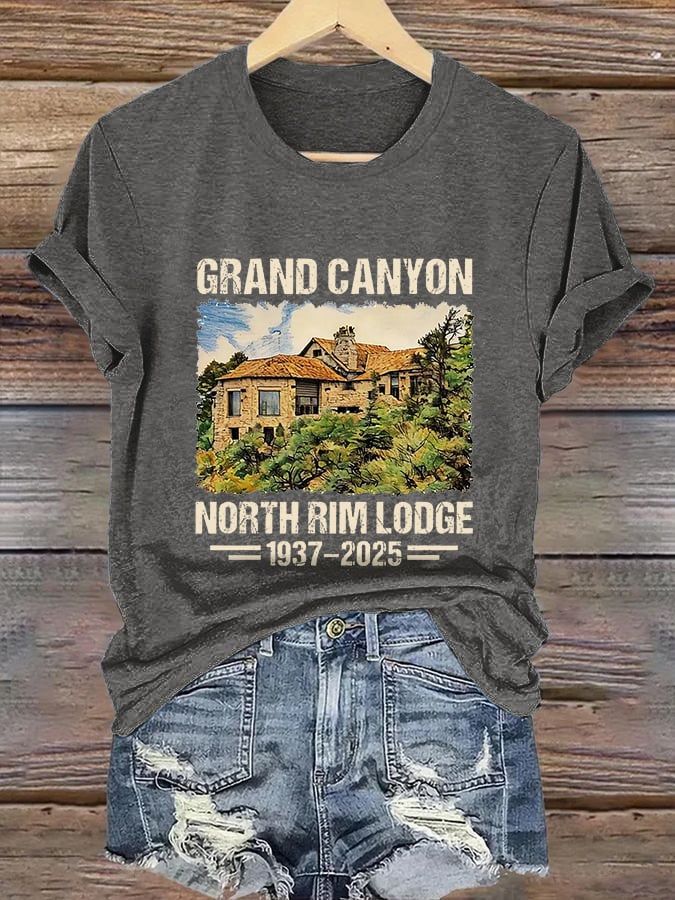 Retro Grand Canyon North Rim Lodge 1937–2025 Tribute Standing Strong For Grand Canyon Wildfire Support Print T-Shirt