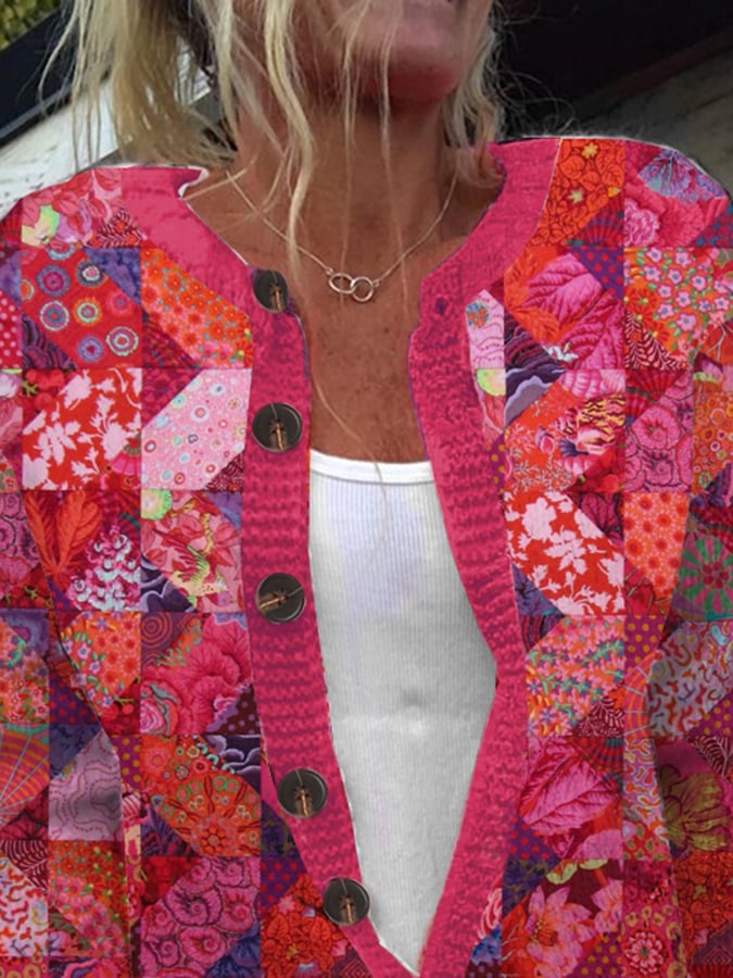 Women's Pink Breast Cancer Quilt Pattern Print Knit Cardigan