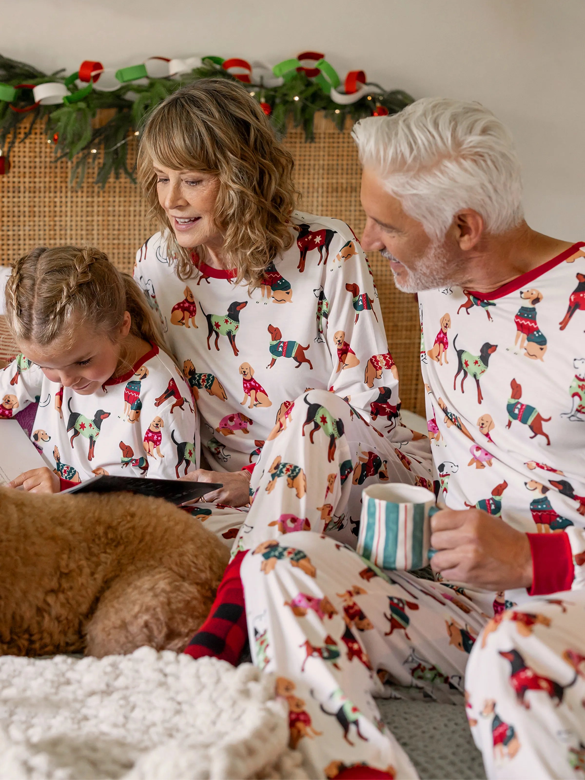 Christmas Matching Family Pajamas Set Various Dog Print PJS with Christmas Socks Apricot