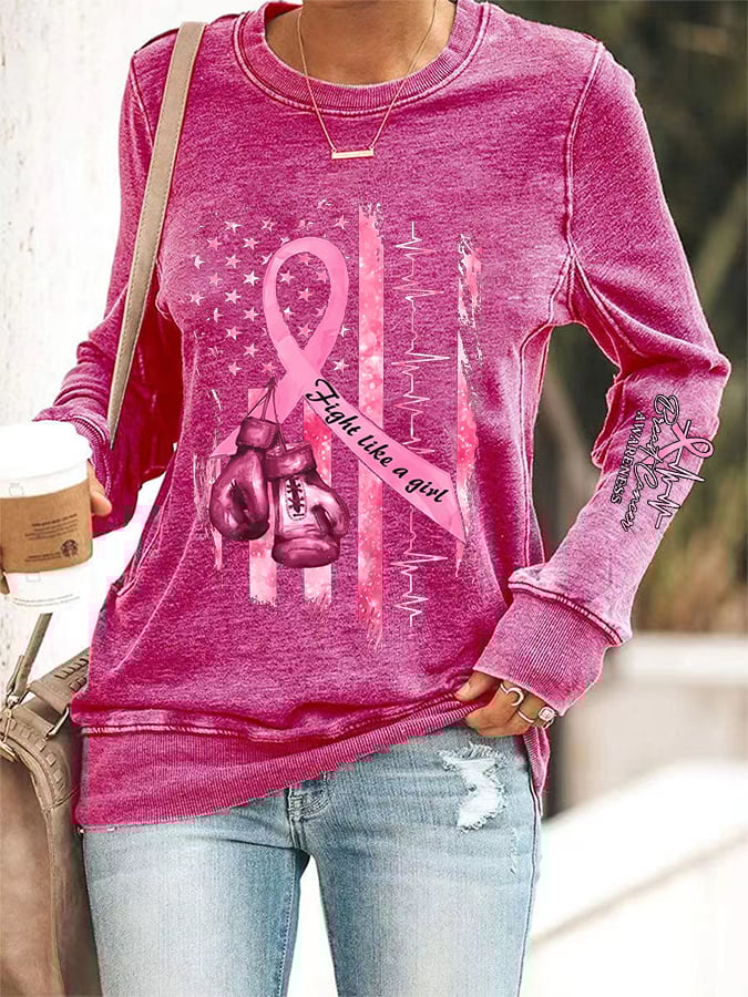 Women's Casual Breast Cancer Awareness Printed Long Sleeve Sweatshirt