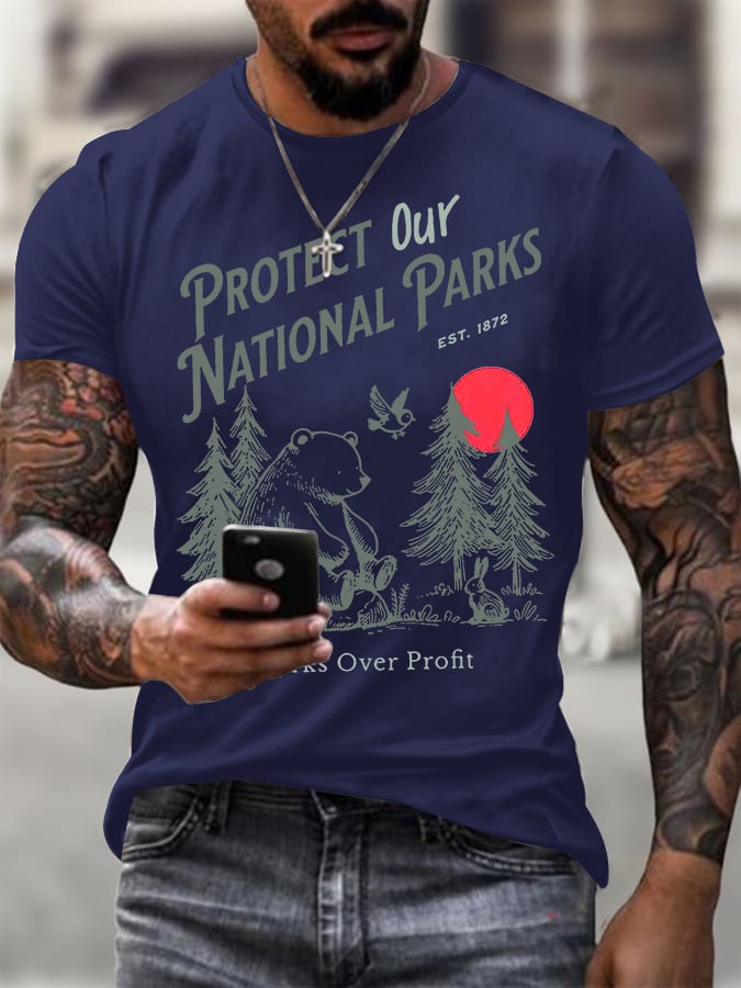 Men's Protect Our National Parks Printed Round Neck T-Shirt