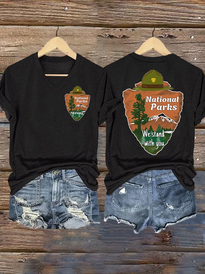 V-neck Retro National Parks Strong We Stand With You Print T-Shirt