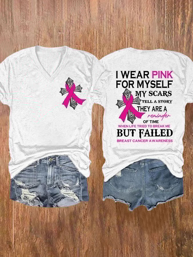 V-neck Faith Breast Cancer Awareness I Wear Pink For Myself Double Sided T-Shirt