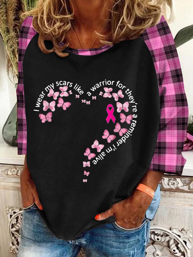 Women'S Breast Cancer Butterfly Print Sweatshirt