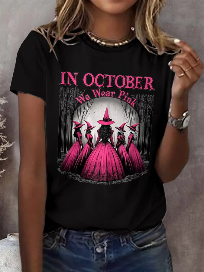Women's Casual October We Wear Pink Witch Breast Cancer Art T-Shirt