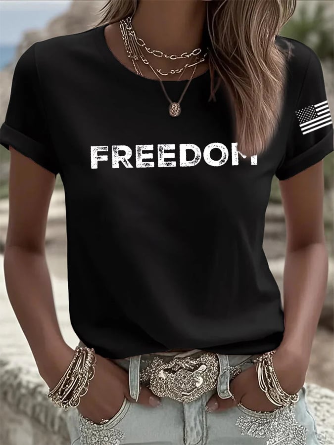 Women's Freedom American Flag Print Casual T-shirt