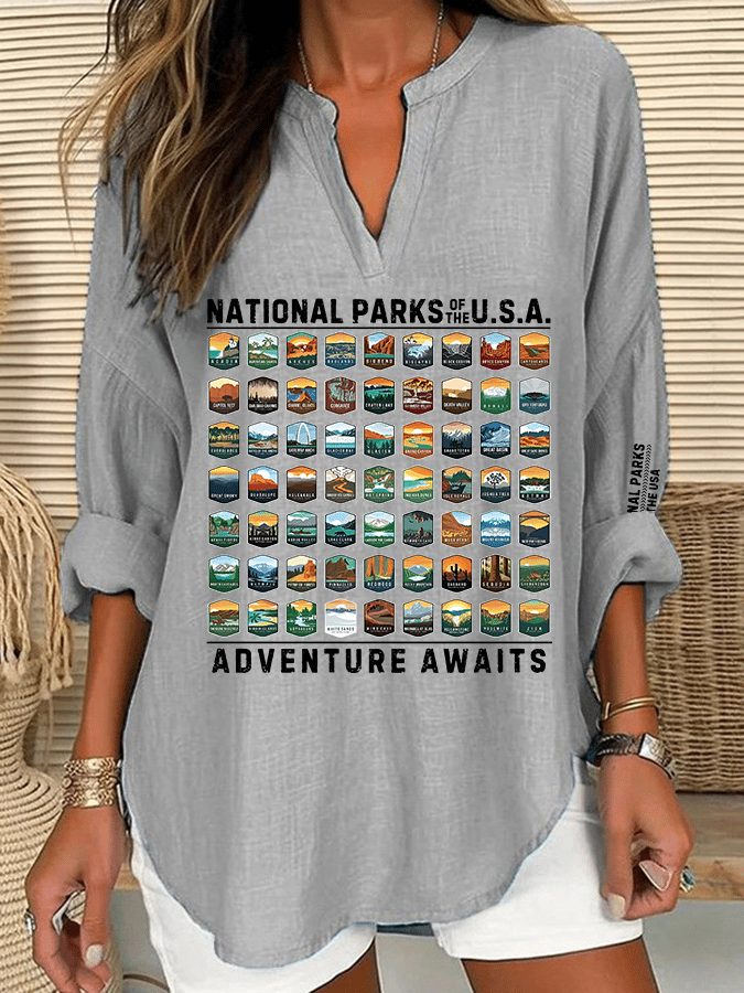 Women's National Parks Of The USA Print Casual Long Sleeve V-Neck Shirt