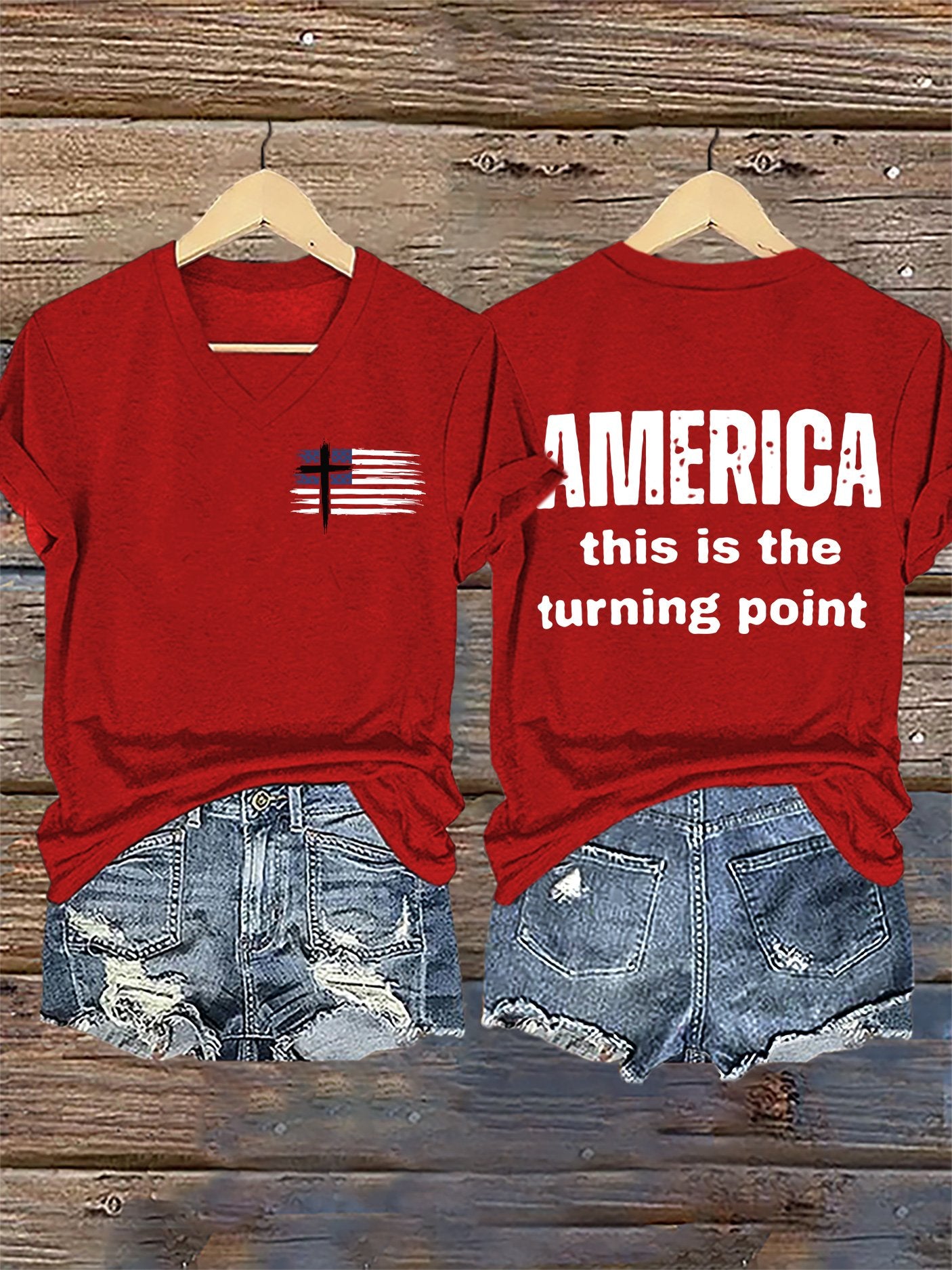 V-Neck Retro Faith Flag Cross America This Is The Turning Point Print T-Shirt