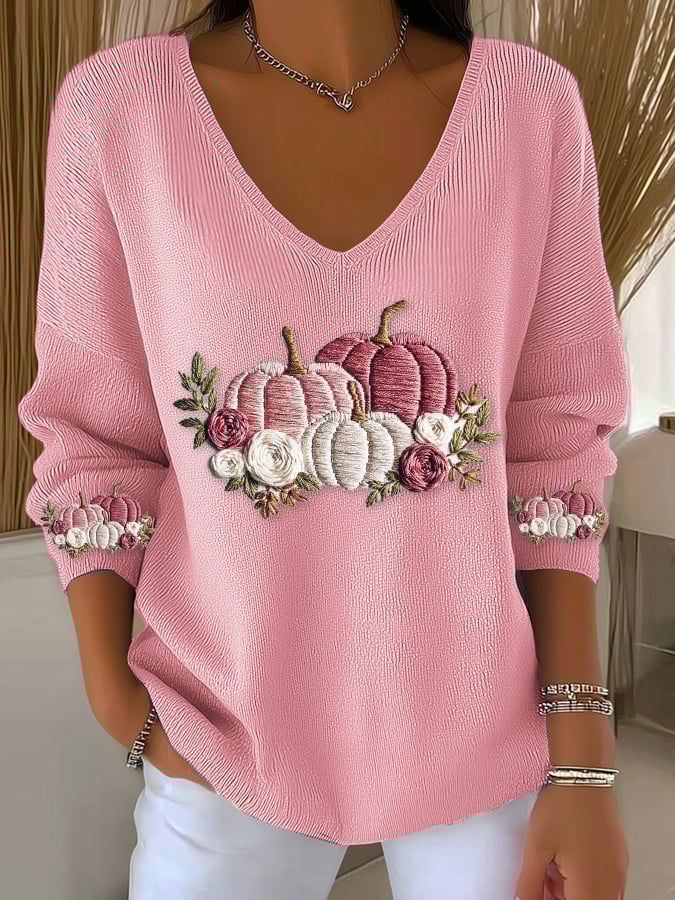 Women's casual pink pumpkin long-sleeved T-shirt knitted ribbed long-sleeved T-shirt