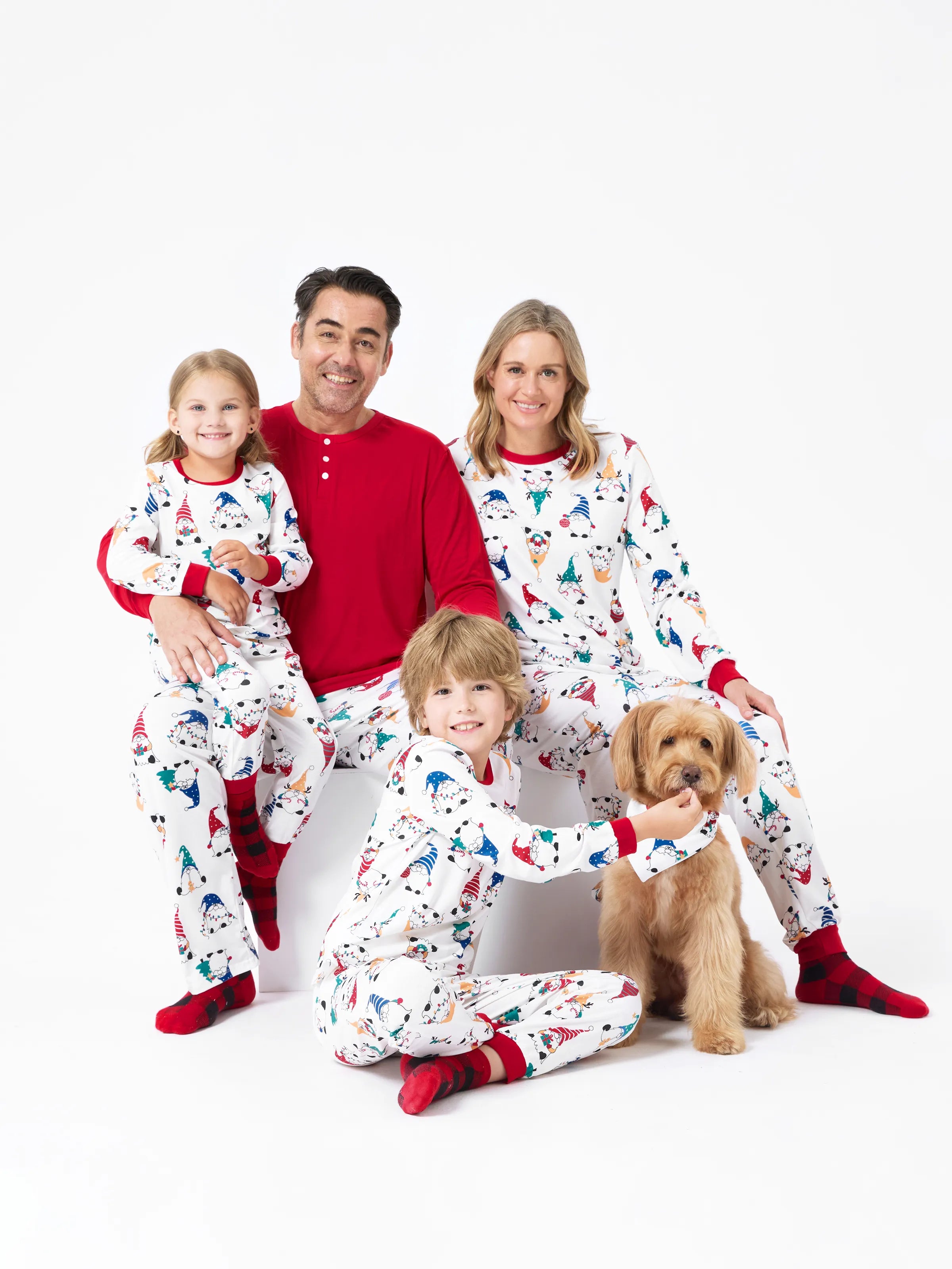 Christmas Matching Family Pajamas Set Christmas Gnome Print PJS with Christmas Socks Red