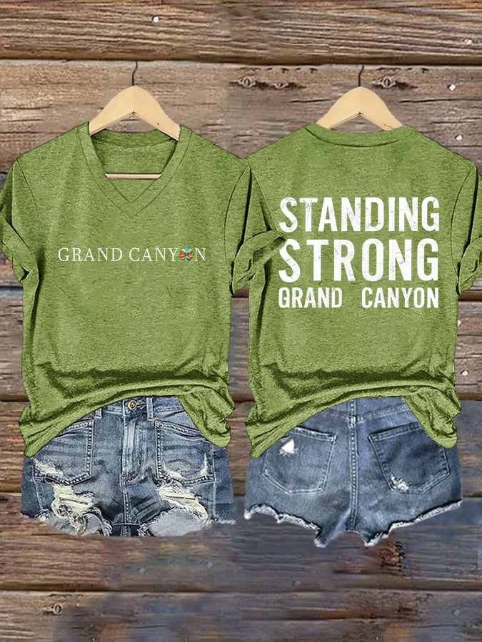 V-Neck Retro Standing Strong Grand Canyon Print T-Shirt