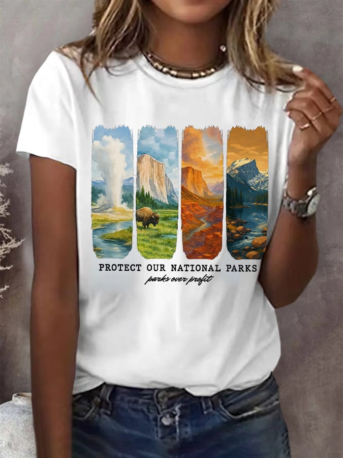 Women's Protect Our National Parks Print Round Neck T-Shirt