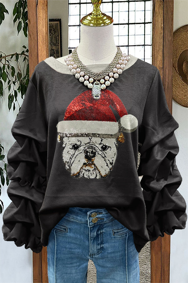 Shiny Christmas Gameday Bulldog Print Pleated Sweatshirt