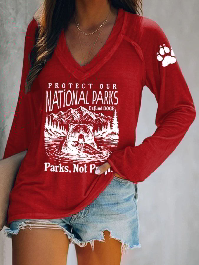 Women's Protect Our National Parks Print V Neck T-Shirt