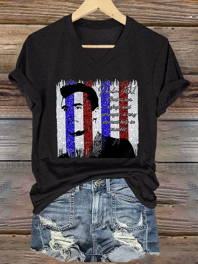 V-Neck Retro God Is Our Refuge And Strength, A Very Present Help In Trouble Print T-Shirt