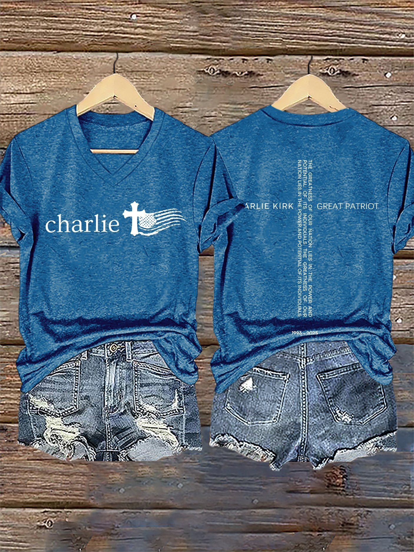 V-Neck Retro Faith Flag Cross The Greatness Of Our Nation Lies In The Power And Potential Of Its Individuals Print T-Shirt