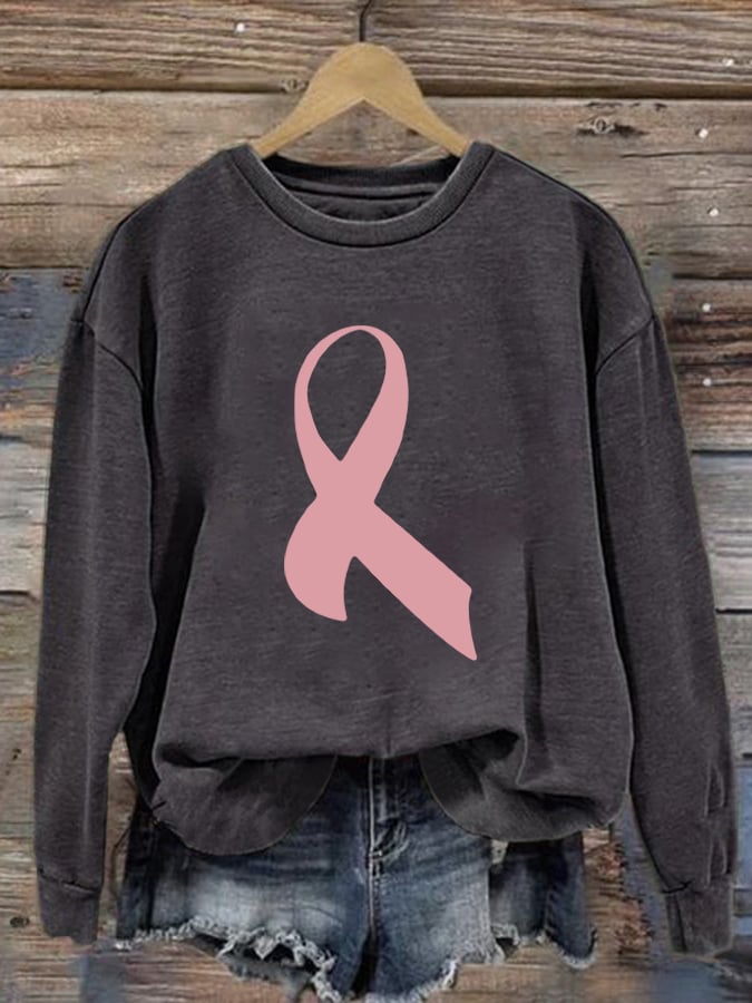 Retro Breast Cancer Awareness Pink Ribbon Print Sweatshirt