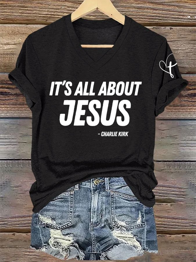 V-Neck Retro It's All About Jesus Print T-Shirt