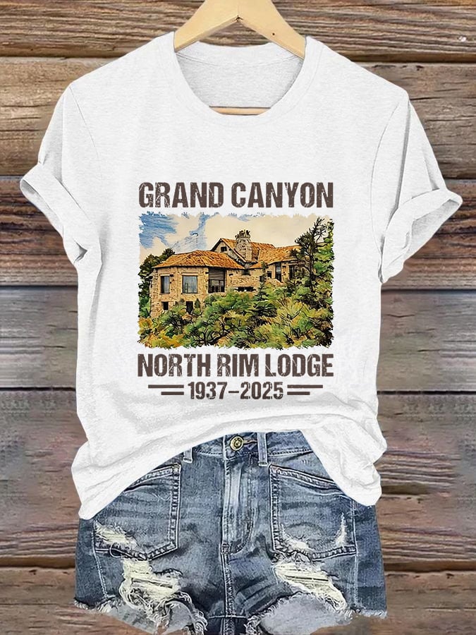 Retro Grand Canyon North Rim Lodge 1937–2025 Tribute Standing Strong For Grand Canyon Wildfire Support Print T-Shirt