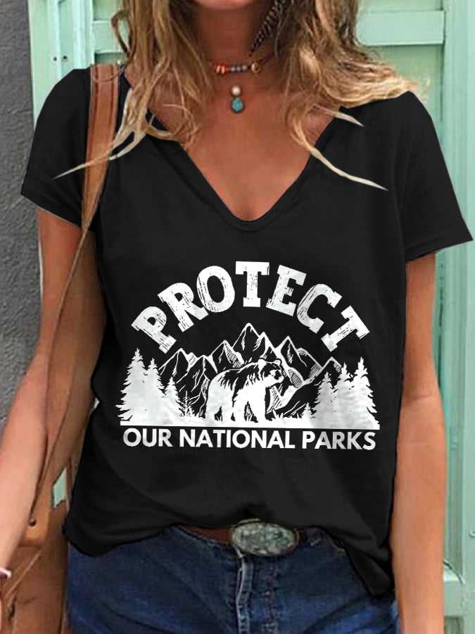 Women's Protect Our National Parks Print V Neck T-Shirt