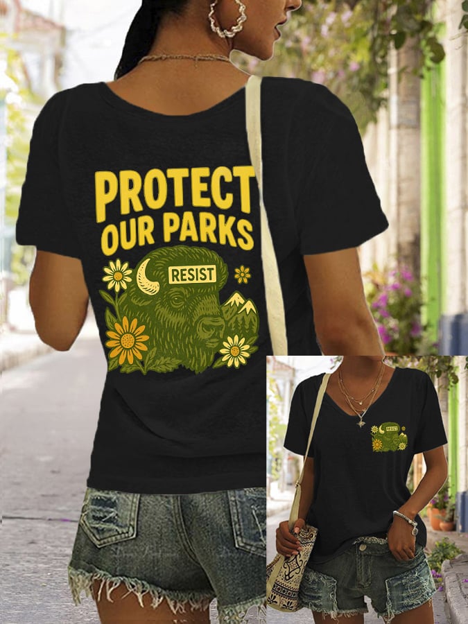 Women's Protect Our National Parks Print V Neck Casual T-Shirt